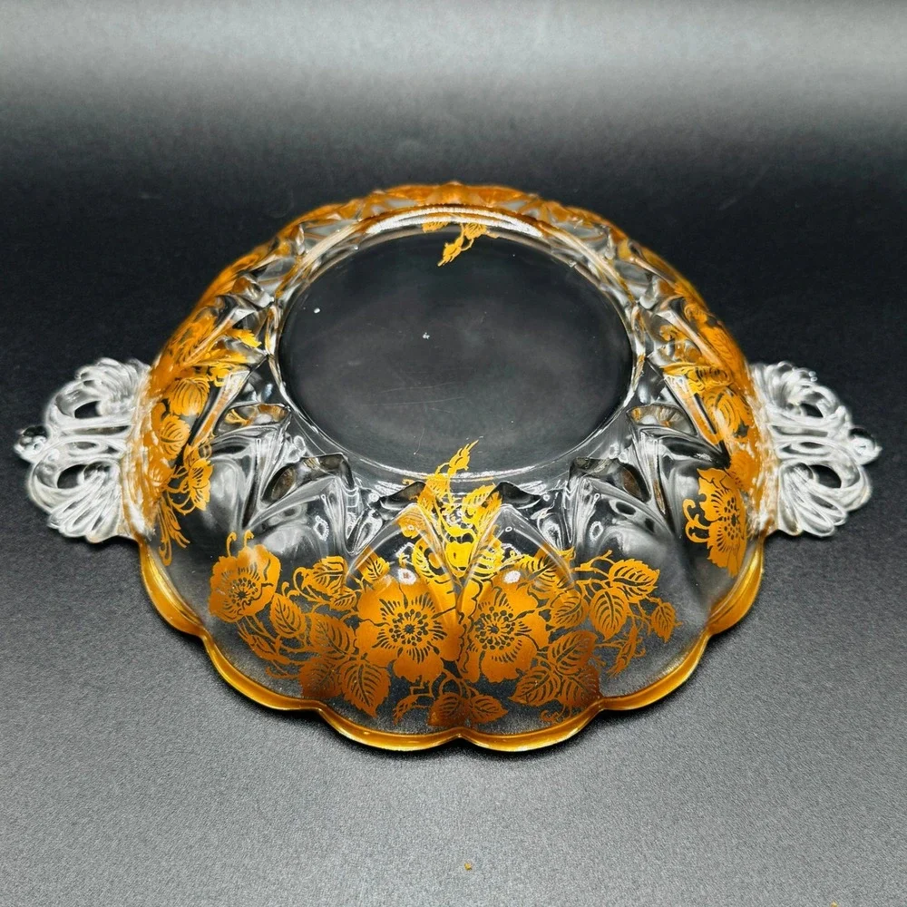 Vintage Gold Encrusted Floral Glass Candy Dish and Bonbon Bowl Hollywood Regency